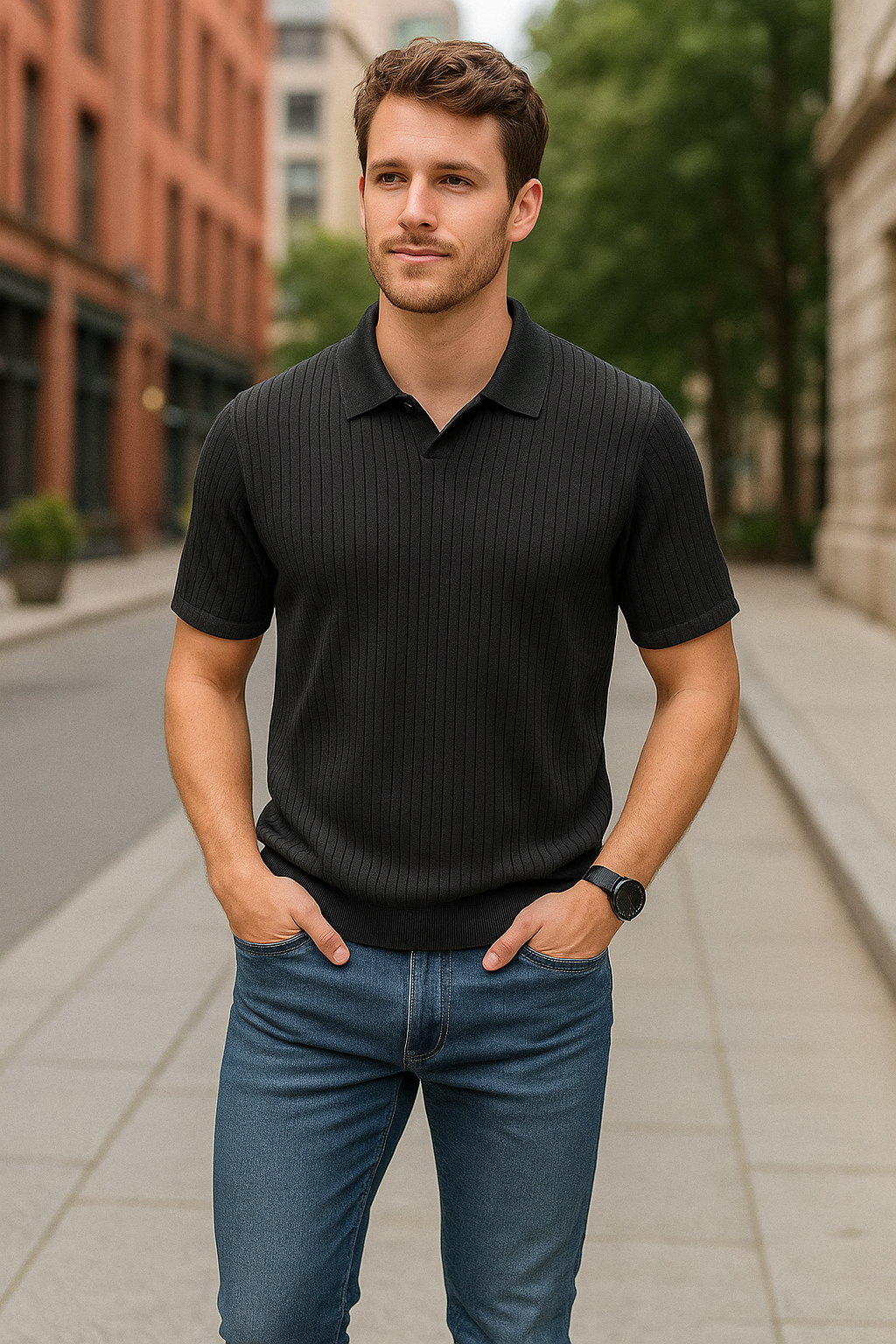 Classic Men's Ribbed Polo Shirt – Premium Cotton Knit, Tailored Fit