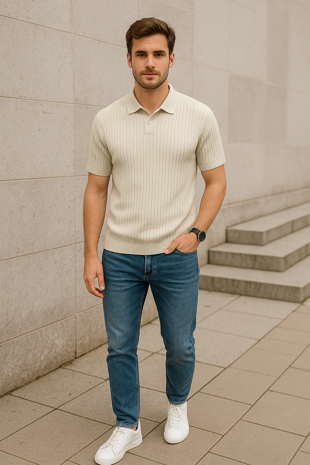 Classic Men's Ribbed Polo Shirt – Premium Cotton Knit, Tailored Fit
